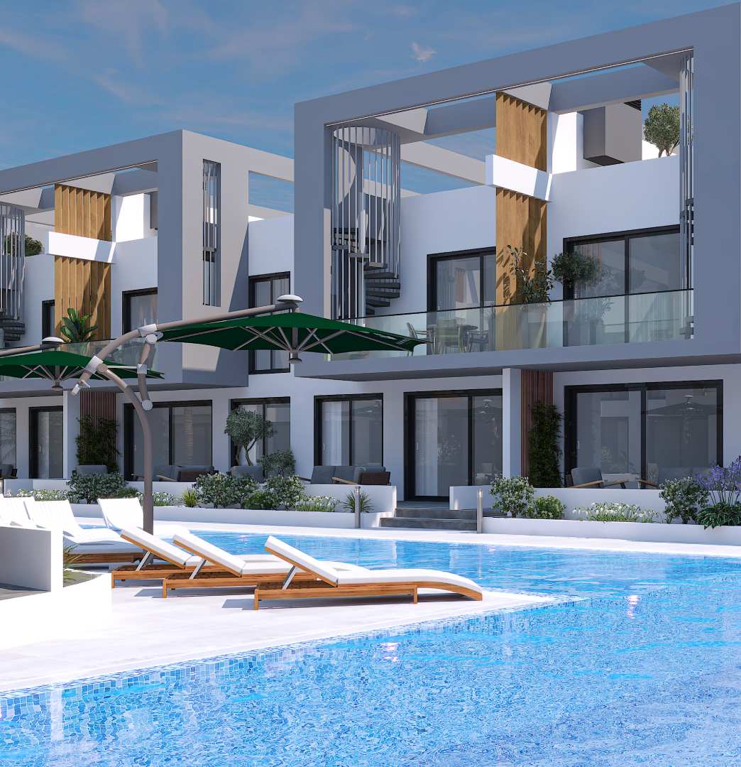 A CGI shot of the poolside of a set of luxury apartments in Famagusta, Northern Cyprus