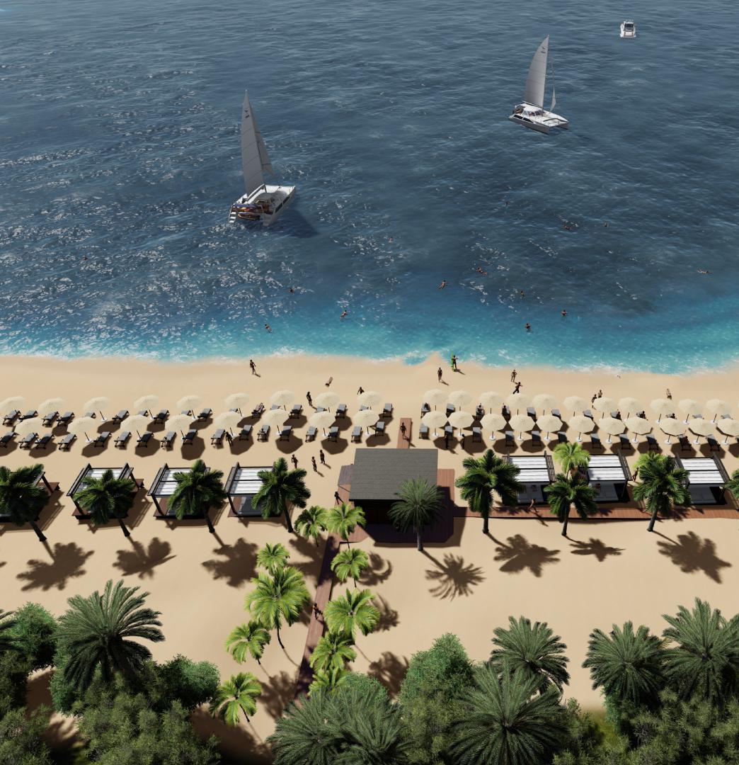 An CGI view of a beach at Iskele showing palm trees, beach umbrellas and an azure sea with 2 small boats